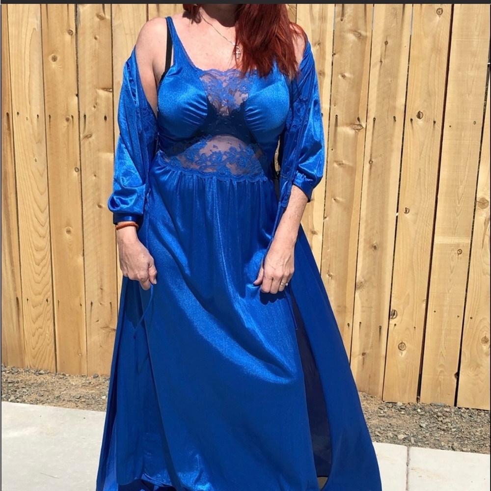 da Notte Brilliant Royal Blue Vintage 1970’s 80s Peignoir Set Sexy 2 Piece Med